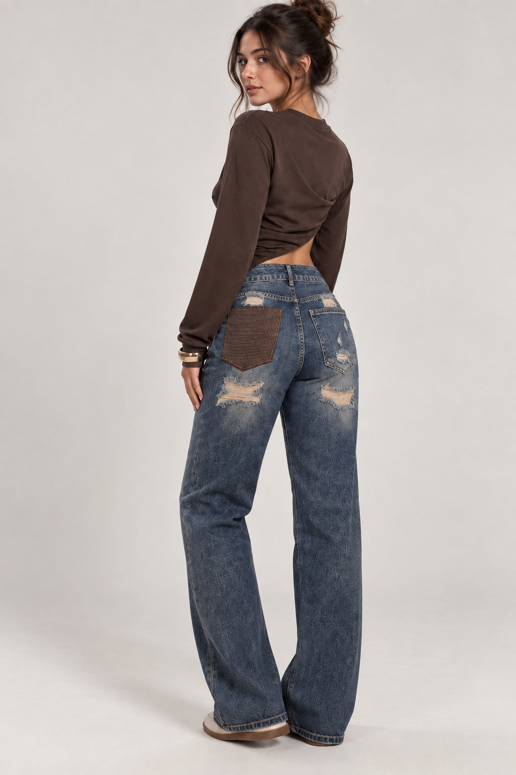 Jeans Brown Pocket Vintage - retro con tasca marrone