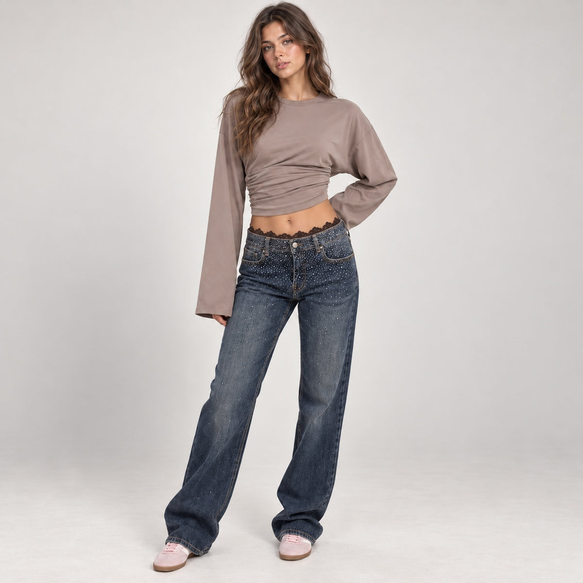 Jeans Crystal Lace Curvy con pizzo marrone e strass